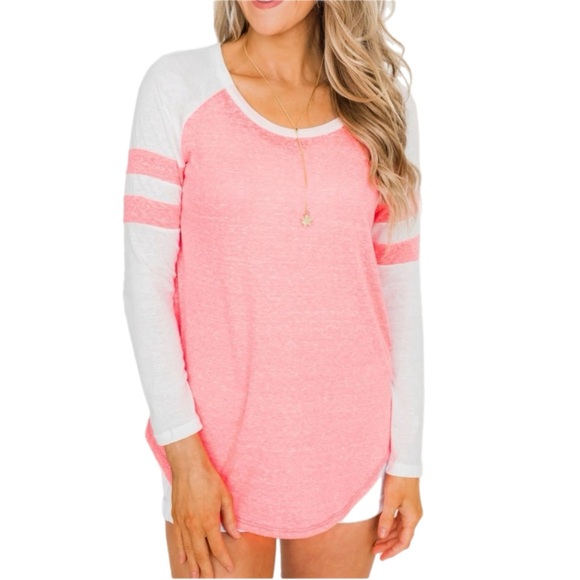 LONG SLEEVE RAGLAN TOP- NEON PINK & WHITE‎ - Picture 1 of 11
